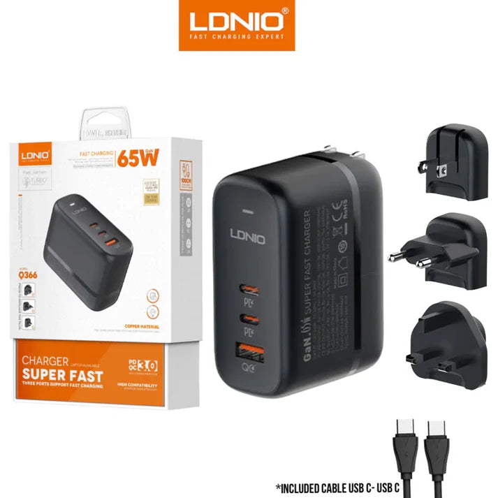 Ldnio Q366 65W 2C+U GAN Fast Charger with USB C to C Cable Ldnio Q366 65W 2C+U GAN Fast Charger with USB C to C Cable